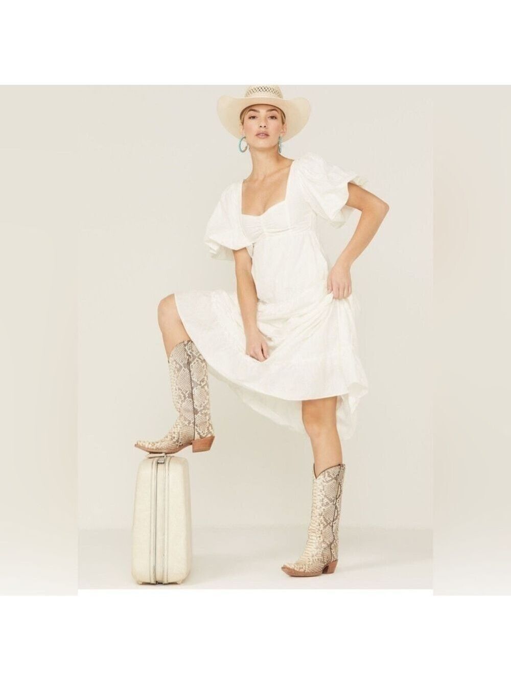 Show Me Your MuMu Odette Tiered Puff Sleeves Babydoll Milkmaid Midi Dress S NWT